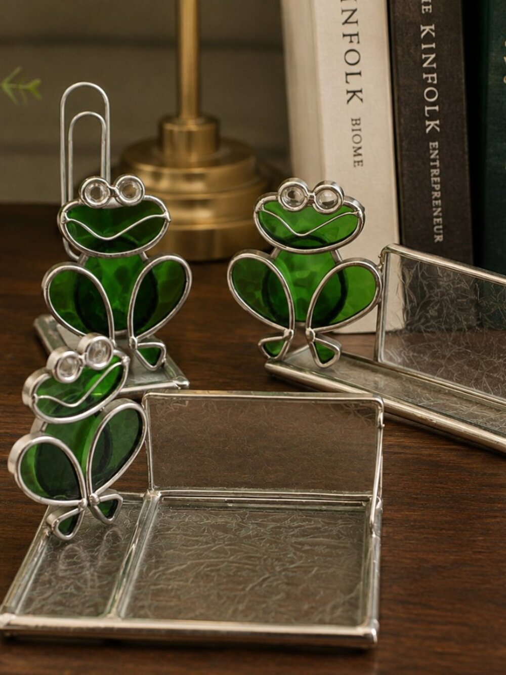 Stained Glass Frog Desk Set Sticky Pad, Business Card, & Letter Holders Vintage